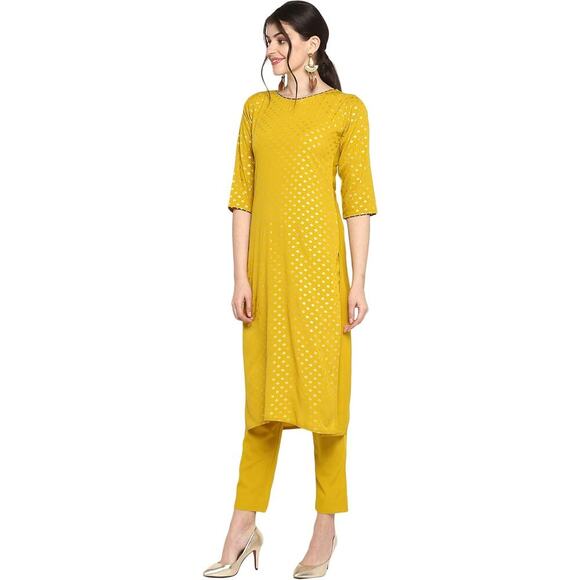 janasya Dresses & Skirts - Janasya Indian Women's Mustard Foil Print Jurta Kurti Tunic Dress Small